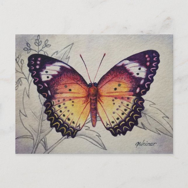Postal Mariposa de época No. 3 Arte acuarela (Anverso)