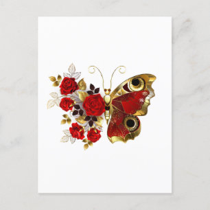 Postal Mariposa de flor roja con rosas rojas