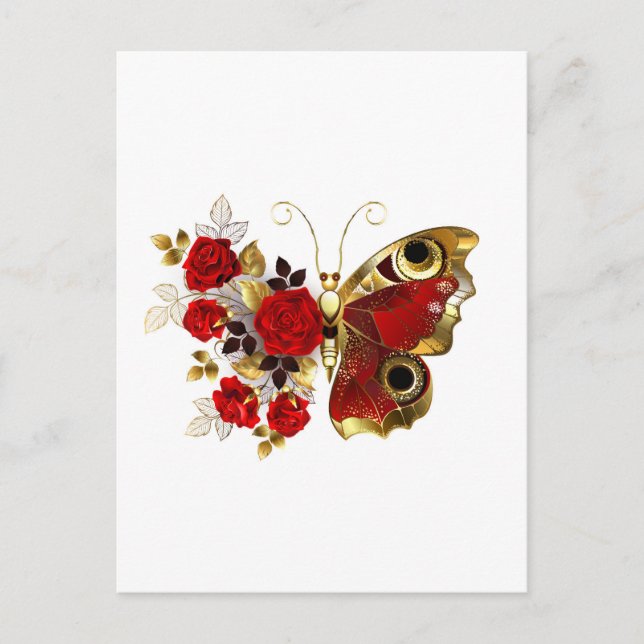 Postal Mariposa de flor roja con rosas rojas (Anverso)