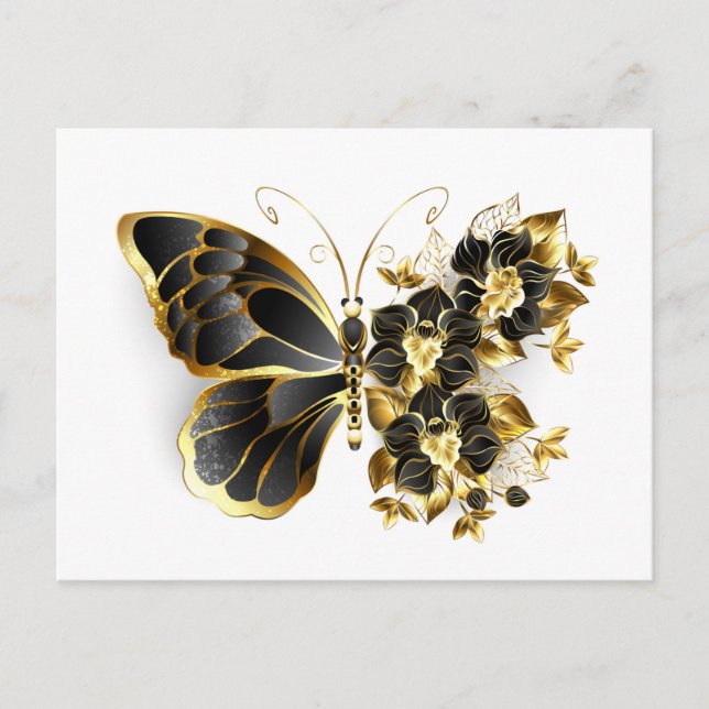 Postal Mariposa de flores de oro con orquídea negra (Anverso)