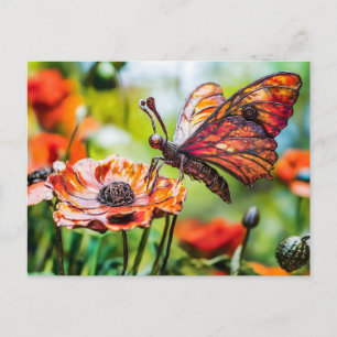 Postal Mariposa de metal sobre flor de amapola