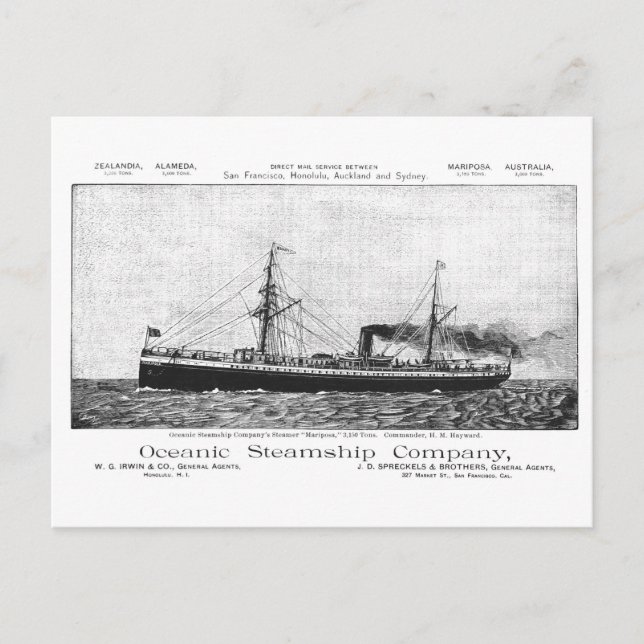 Postal Mariposa de Steamship Oceanic a Hawaii, 1890 (Anverso)