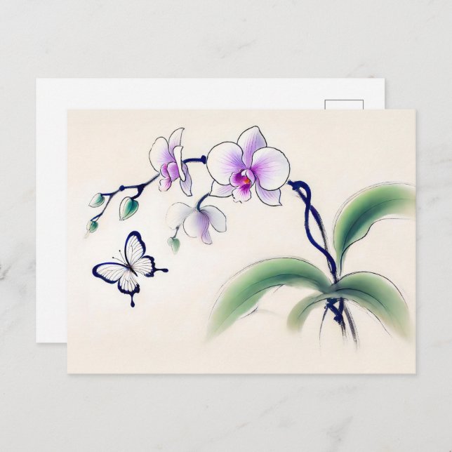 Postal Mariposa de tinta china en orquídea (Anverso / Reverso)