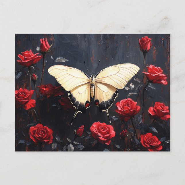 Postal Mariposa descansando entre rosas rojas vibrantes (Anverso)