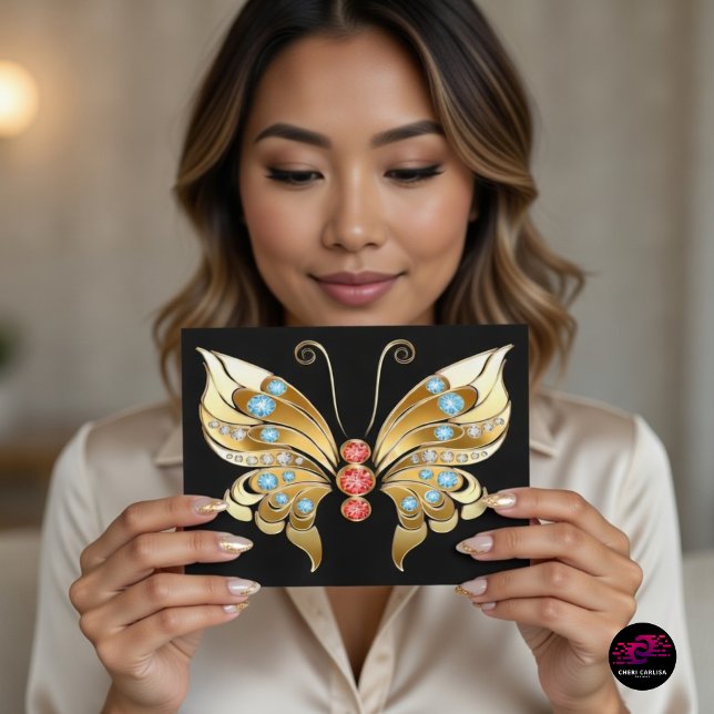 Postal Mariposa dorada con joyas (Gold jeweled butterfly postcard that makes every message unforgettable ✨🦋)