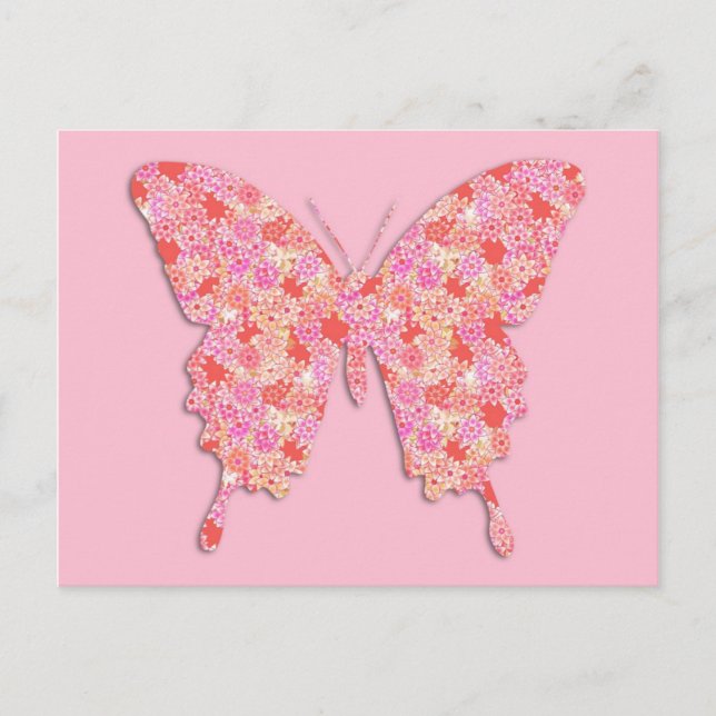 Postal Mariposa en patrón de flores - rosa, naranja (Anverso)