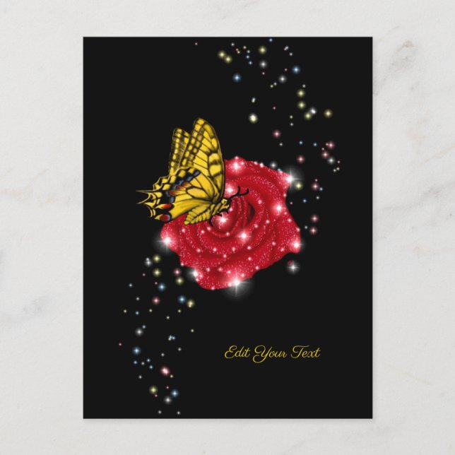 Postal Mariposa en rosa roja con estrellas y gotas de llu (Anverso)