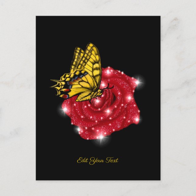 Postal Mariposa en rosa roja con estrellas y gotas de llu (Anverso)