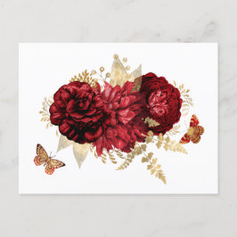 Postal Mariposa floral de oro rojo rosas