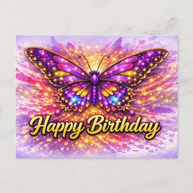 Postal Mariposa Mágica de Cumpleaños Dorada y Morada Feli (Anverso)