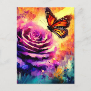 Postal Mariposa monarca sobre Rosa morado en la floral de
