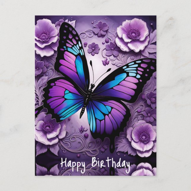 Postal Mariposa Morada Floral Cumpleaños  (Anverso)