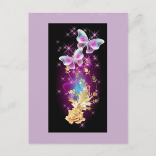 Postal Mariposa morada y azul clara con Rosa de oro