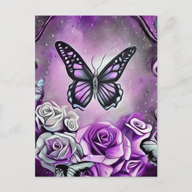 Postal Mariposa morada y Rosas (Anverso)