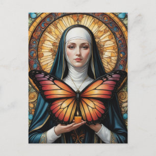 Postal Mariposa Nun Holding Vela