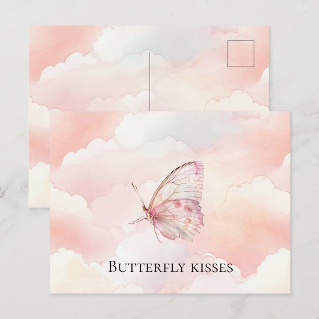 Postal Mariposa Rosa bonito En Las Nubes (Anverso / Reverso)