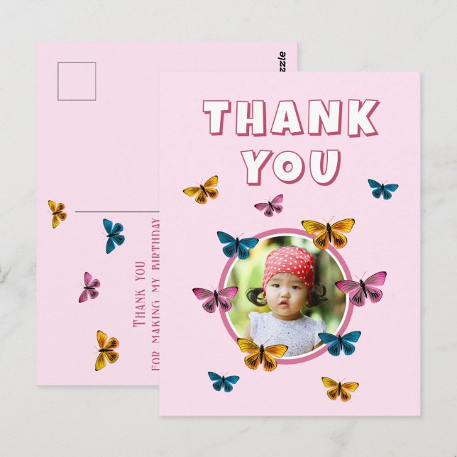 Postal Mariposa rosa suave gracias a la foto de cumpleaño (Anverso / Reverso)
