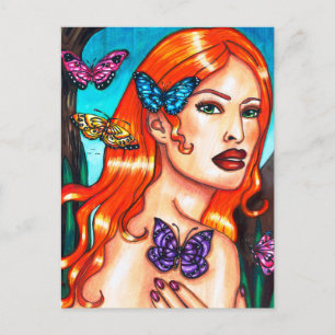 Postal Mariposa Señora Naturaleza Chica Dibujo de arte or