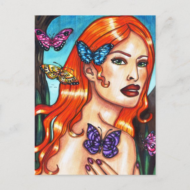 Postal Mariposa Señora Naturaleza Chica Dibujo de arte or (Anverso)