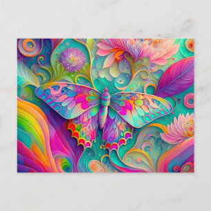 Postal Mariposa sicodélica colorida y flores