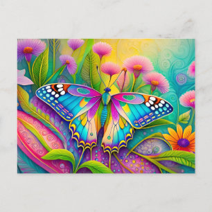Postal Mariposa sicodélica colorida y flores silvestres