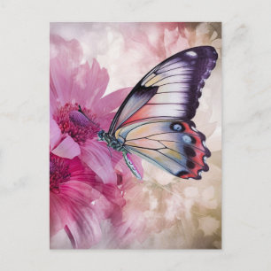 Postal Mariposa soñadora con flores rosas