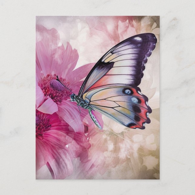 Postal Mariposa soñadora con flores rosas (Anverso)