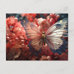 Postal Mariposa transparente, bayas y flores