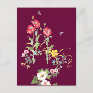 Postal Mariposa y abeja en el jardín de amapola