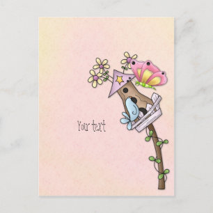 Postal Mariposa y pájaro se encuentran en la casa de pája