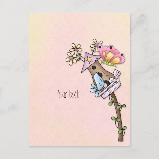 Postal Mariposa y pájaro se encuentran en la casa de pája (Anverso)