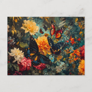 Postal Mariposas con Dahlias y Rosas Jardín Illustra