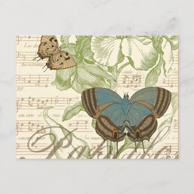 Postal Mariposas en la música de hojas con diseño floral (Anverso)