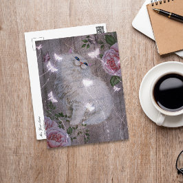 Postal Mariposas Flor de gato Kitty Blanco