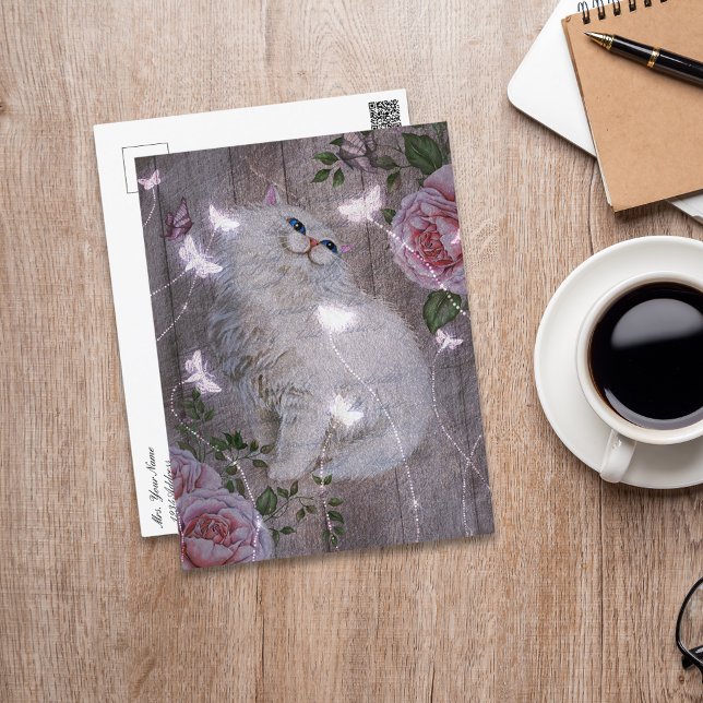 Postal Mariposas Flor de gato Kitty Blanco (Subido por el creador)