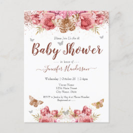 Postal Mariposas florales Baby Shower rosa