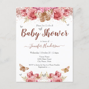 Postal Mariposas florales Baby Shower rosa