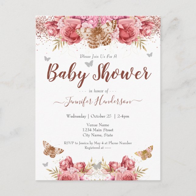 Postal Mariposas florales Baby Shower rosa (Anverso)