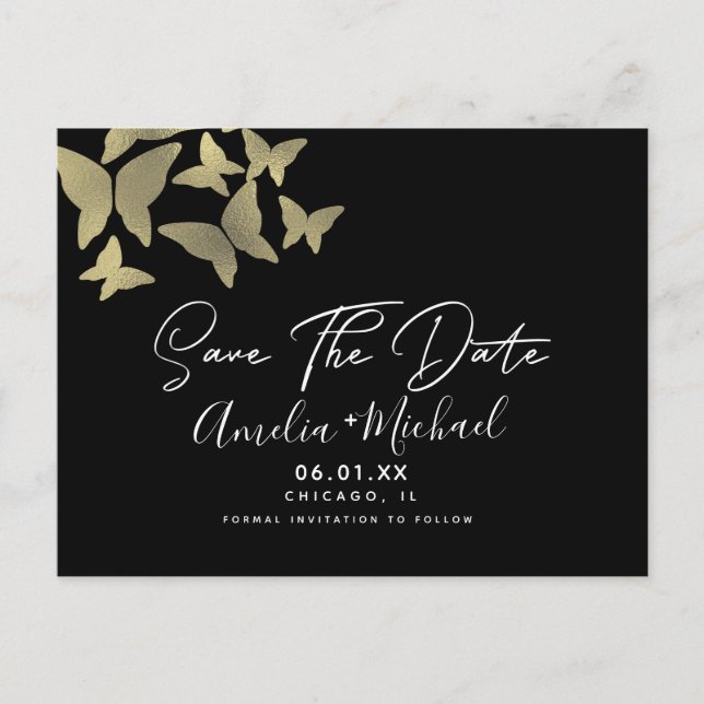 Postal Mariposas Modernas de Falso Oro Save the Date  (Anverso)