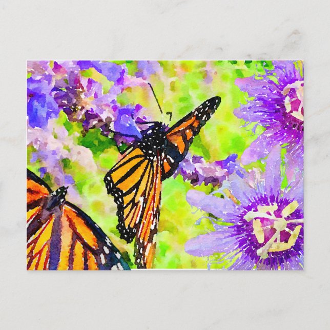 Postal Mariposas monarca acuarelas y flores moradas (Anverso)