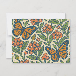 Postal Mariposas monarcas y flores de mimbre