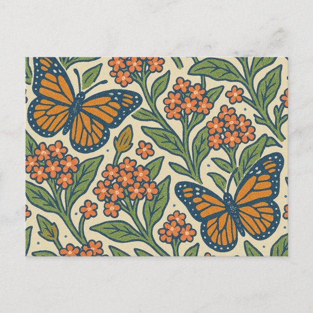 Postal Mariposas monarcas y flores de mimbre (Anverso)