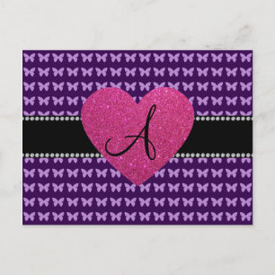 Postal Mariposas moradas del corazón rosadas monogramos