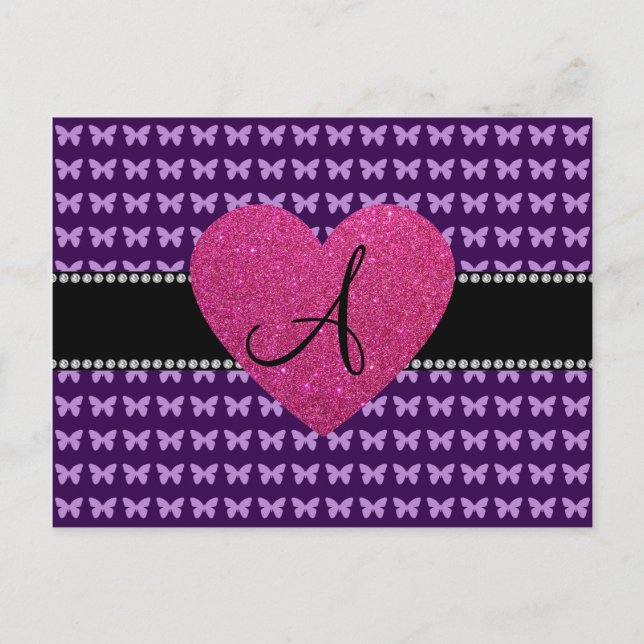 Postal Mariposas moradas del corazón rosadas monogramos (Anverso)