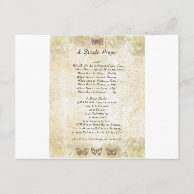 Postal mariposas=pope francis=st. francis SIMPLE PRAYER (Anverso)