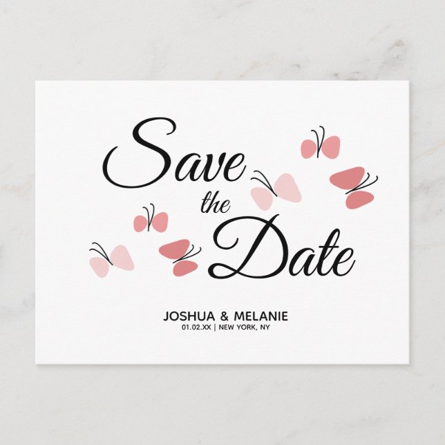 Postal Mariposas Románticas Rosadas Save the Dates  (Anverso)