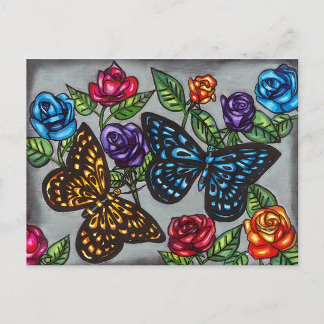 Postal Mariposas rosas flores dibujo original (Anverso)