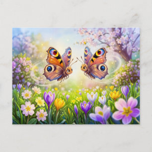 Postal Mariposas sobre prado primaveral florecido
