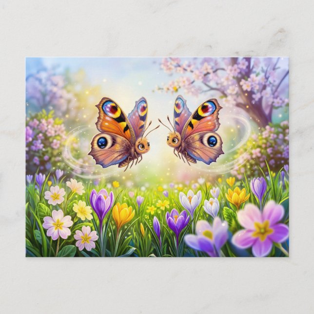 Postal Mariposas sobre prado primaveral florecido (Anverso)