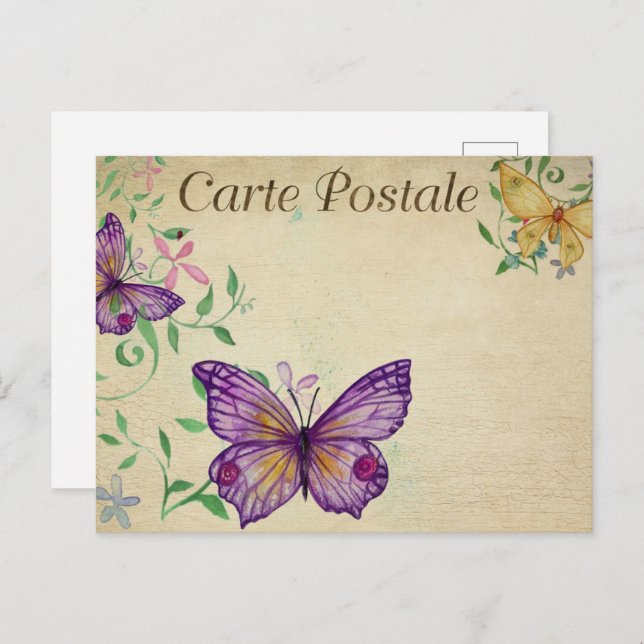 Postal Mariposas Vintage moradas y amarillas (Anverso / Reverso)